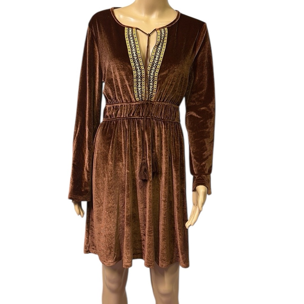 Luukse Brown Boho Velour Embroidered Tie Neck Tassel Mini Midi Dress Medium